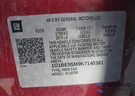2019 Chevrolet Cruze Lt from USA, damaged, VIN 1G1BE5SM9K7140381